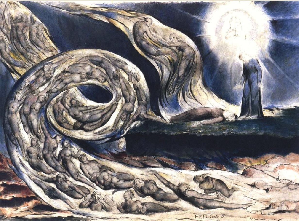 William Blake The Lovers' Whirlwind illustrates Hell in Canto V of Dante's Inferno